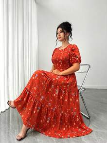 Elenzga Plus Size Women's Short Sleeve Floral Print Elastic Waist Layered A-Line Dress, Elegant Resort Style, Suitable For Spring/Summer - Burnt Orange - View 6