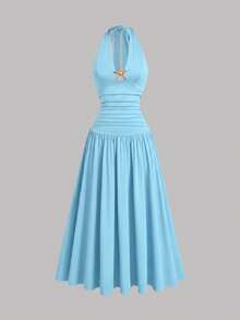 Rustia Plus Size Summer Halter Tie Bow Starfish Decor Ruched A-Line Elegant Vacation Party Dress For Women - Blue - View 6
