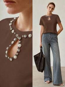 MOTF PREMIUM NEW SUMMER RHINESTONE HOLLOW OUT ROUND NECK SHORT SLEEVE T-SHIRT, SLIM FIT CASUAL TOP, UNDERSHIRT - Coffee Brown - View 3