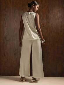 COSMINA Women's Solid Color Round Neck Camisole And Pants Casual Minimalist Loose 2 Pieces Set Tea Party Champagne Summer - White - View 4