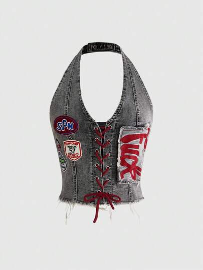 ROMWE Avant Women's Y2K Retro Jersey Sports Ballet Style Graphic Logo Embroidered Tie-Up Low Waist Sexy Denim Crop Top