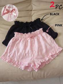 Flirla Plus Size Women Solid Color Frill Trim Bow Decor Shorts - Multicolor - View 3