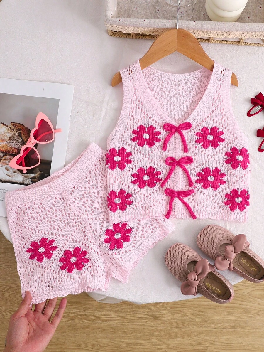 SHEIN Bộ đồ thường ngày cho bé gái, áo và quần short họa tiết hoa nơ. - Hồng - Xem 1