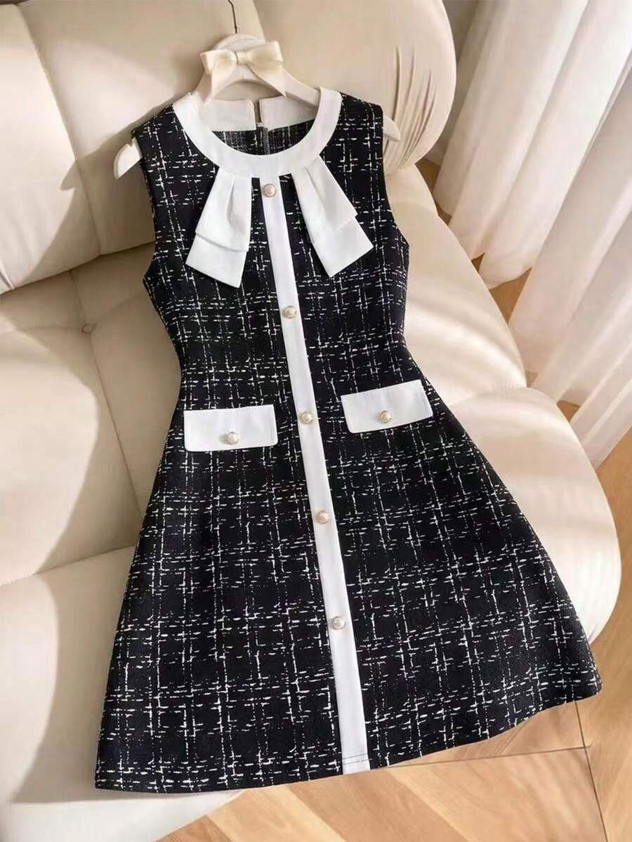 SHEIN Elladie kids 女孩甜美公主风清新可爱黑白撞色圆领短袖中长款薄纱连衣裙,饰有3D白色花朵,适合生日派对、幼儿园、日常外出、家庭聚会等场合。 - 黑色 - 查看 1