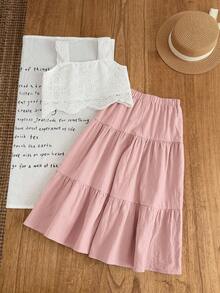 Emery Rose Kids Emery Rose Kids 2件套少女纯色梭织方领荷叶边休闲吊带背心和长裤套装 - 粉色 - 查看 6
