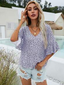 SHEIN Holidaya Áo sơ mi nữ mùa hè kiểu dáng thường ngày, chất liệu cotton nguyên chất, in họa tiết hoa cúc, tay loe. - Màu tím - Xem 4