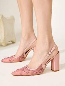 CUCCOO CHICEST Giày nữ mùa xuân hè mới, giày cao gót nữ thanh lịch, sang trọng, họa tiết hoa 3D, ren lưới, mũi nhọn, gót dày, giày cưới, giày dự tiệc, giày đi làm hàng ngày, giày quai ngang thấp đa năng cho nữ. - Màu hồng b - Xem 9