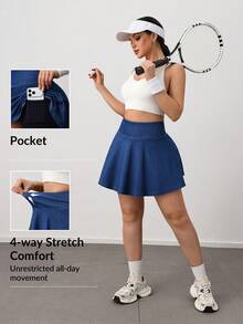 Activina Damen Tennisrock mit hoher Taille, elastischem Strick und Handytasche, lässiges Sportkleid für den Alltag - Dunkle Waschung - Übersicht 1