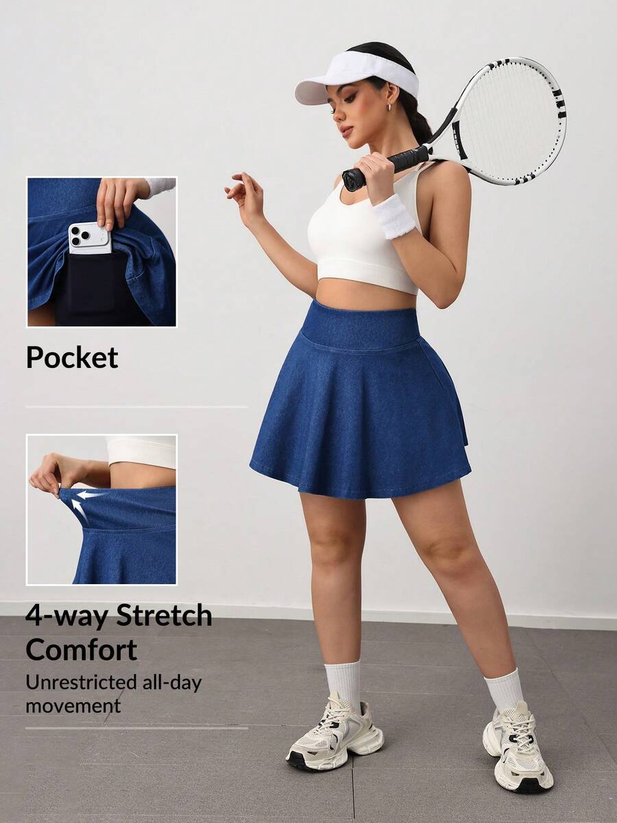 Activina Damen Tennisrock mit hoher Taille, elastischem Strick und Handytasche, lässiges Sportkleid für den Alltag - Dunkle Waschung - Übersicht 1