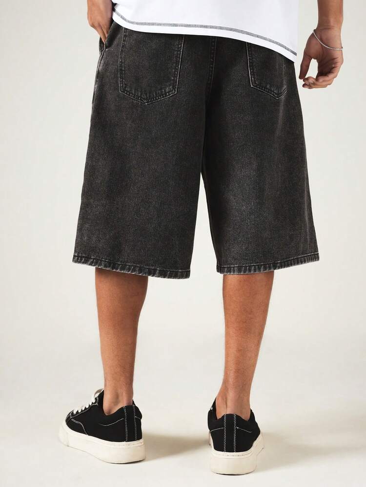 アシッドウォッシュデニムショーツ、カレッジ風刺繍ロゴ、ゆったりワイドレッグ、夏のストリートスタイル
