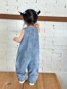 SHEIN Quần liền thân không tay màu xanh đậm denim kẻ sọc trắng cho bé gái, dáng ống côn. - Rửa nhẹ - Xem 2