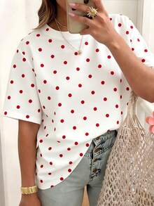 EMERY ROSE Polka Dot Crew Neck Casual Short-Sleeved T-Shirt, Plus Size Women's T-Shirt, Summer - Multicolor - View 3