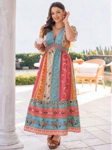 Rosumi Plus Size Women Deep V-Neck Floral Print Ruched Casual Boho Party Vacation Dress Baby Blue Summer - Multicolor - View 1
