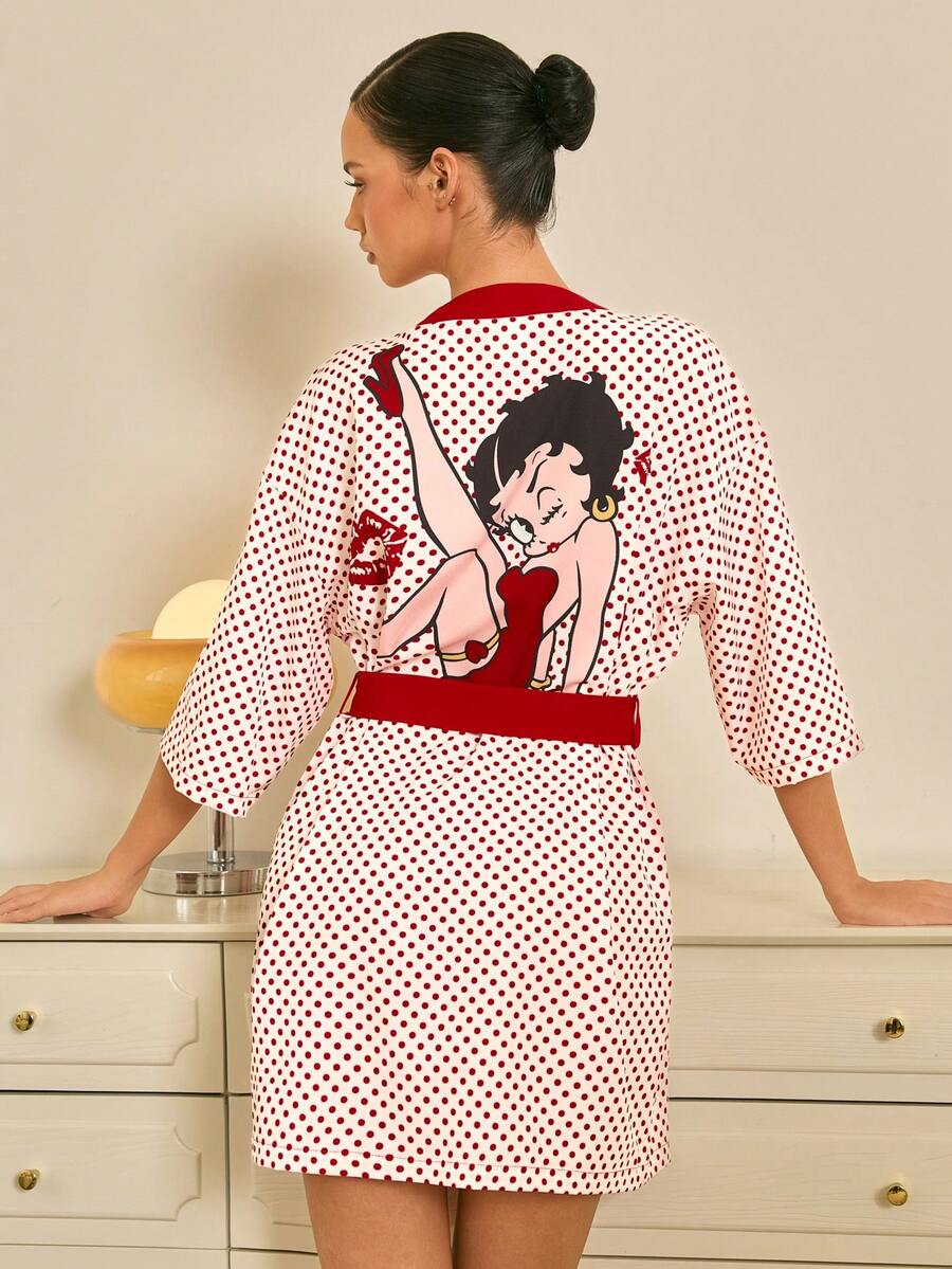 Betty Boop x SHEIN Women's Polka Dot Print 3/4 Sleeve Robe - Red and White - View 1