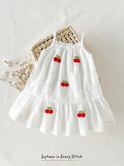 Cozy Pixies Baby Girl Toddlers Cherry Print Knit Jacquard Casual Cami Dress, Suitable For Summer, Vacation, Beach, Outing