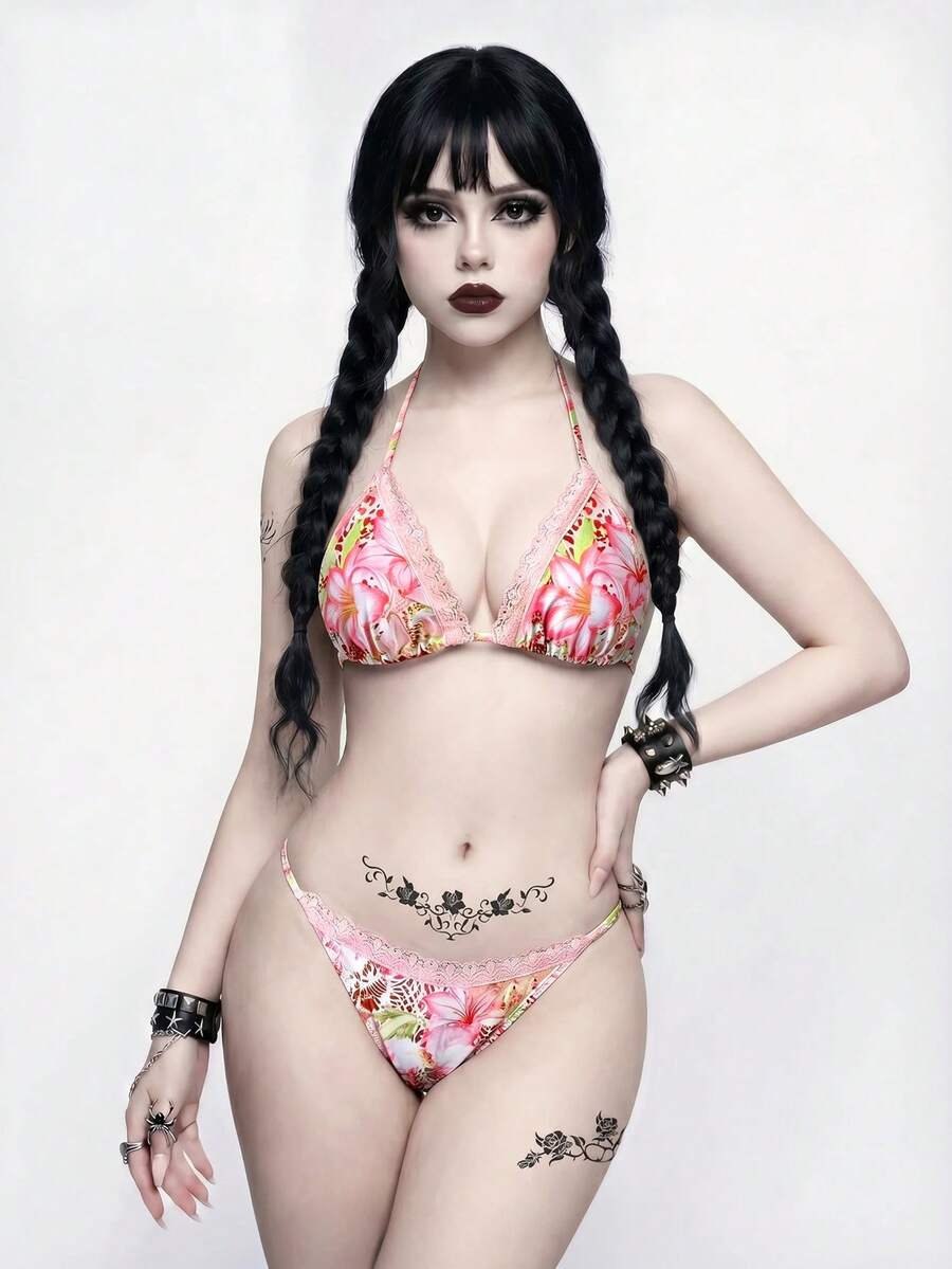 ROMWE Goth 女士春夏秋季优雅沙滩度假露背抽绳粉色百合数码印花蕾丝拼接比基尼泳装套装 - 粉色 - 查看 1