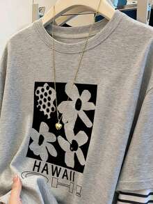 Resyla 1 buah Kaos Wanita Kasual Longgar Leher Bulat - Grey - View 4