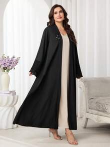 Al Najma Plus Size Women Sequin Patchwork Elegant Long Sleeve Abaya - Black - View 7