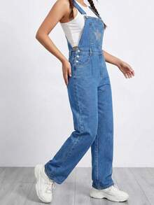 SHEIN ICON 女士休闲水洗星形水钻牛仔背带裤 - 深色水洗藍 - 查看 4