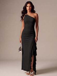 SHEIN Glamour Women's Black Knitted Mesh One-Shoulder Dress With Metal Buckle, High Slit Ruffle Hem Dress, Sexsy Elegant Vacation Versatile Dress For Valentine's Day Date, Pale Bridesmaid Wedding Guest Dress, Suitable For Various Occasions One Shoulder Ruched Maxi Dress High Slit Ruffle Evening Gown Soft Stretch Mesh Fabric One-Shoulder Neckline Prom Homecoming Ball Formal Date Night Summer Modern Minimalist Formal Classic Solid Beach Dresses Holiday Outfits For Women - Black - View 6