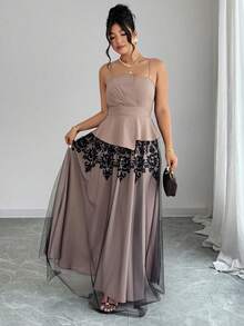 Elenzga Plus Size Women's Spring/Summer 2-Piece Pleated Waist A-Line Totem Print Mesh Party Dress, Elegant & Sophisticated - Khaki - View 6