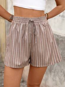 Brillora Quần short nữ mùa hè kẻ sọc dọc màu cà phê đậm, cạp chun co giãn, ống rộng thẳng, đa năng cho mặc hàng ngày, đi làm, du lịch, nghỉ mát, thân thiện với da, thoải mái, kiểu dáng tối giản, size tiêu chuẩn. - màu nâu - Xem 9