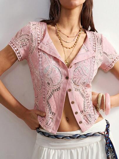 Bohemela Solid Color Lace Short Sleeve Fitted Blouse For Women