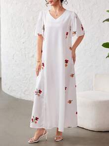 Yasmyna V-Neck Butterfly Sleeve Embroidered Patchwork White Dress, Spring/Summer - Multicolor - View 5