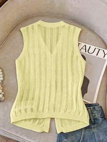 SHEIN Franclia Áo khoác cardigan dệt kim không tay mùa xuân/hè dành cho nữ, áo vest cài nút khoét lỗ kiểu dáng thường ngày/công sở. - Màu vàng - Xem 2
