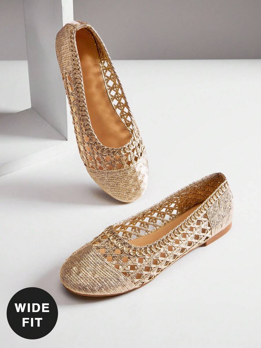 VACAZURE Ladies Wide-Fit Elegant Woven PU Ballet Flats - Gold - View 1