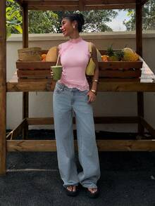Muchica Camiseta ajustada de encaje con cuello alto en contraste, elegante para fiesta de té, color rosa bebé para verano - Rosa - Ver 5