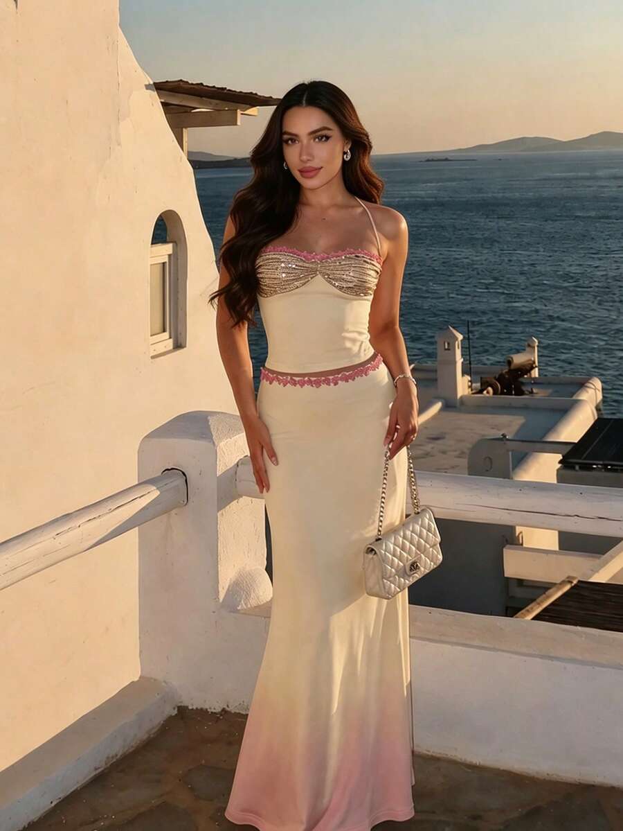 Modelyn Women's 2pcs Knit Yellow Sequin Embroidered Contrast Lace Elegant Holiday Party Vacation Beach Mermaid Skirt Set - Yellow - View 1
