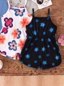 3pcs/Pack Baby Girls' Summer Cute Hibiscus Floral Strap Rompers,Soft Round Neck Casual Tropical Versatile Multicolor Vacation Beach Holiday Outfits - Multicolor - View 3