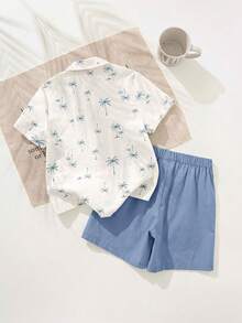 Cozy Pixies 女童椰树图案 Polo 领短袖开衫和松紧腰短裤两件套 - 霧霾藍 - 查看 2