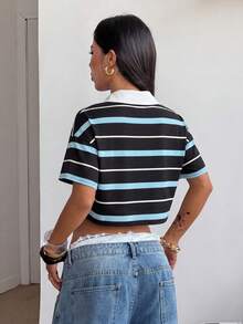 Coolane 女款春季街頭時尚休閒學院風復古返校老錢風彈性舒適酒紅與藍色條紋短版 Polo 衫 - 彩色 - 查看 7
