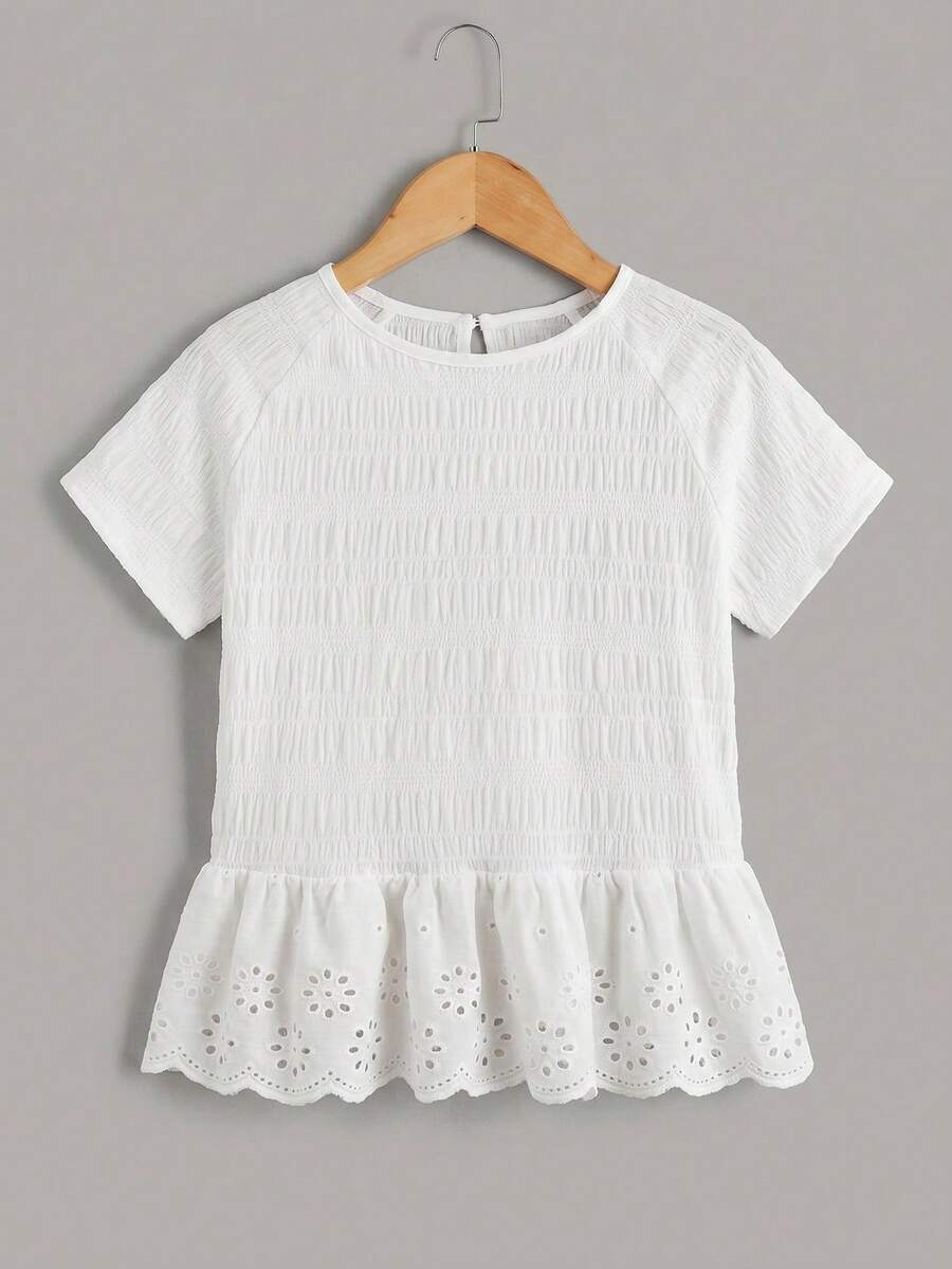 青少年女孩夏季休閒鏤空刺繡拼接T恤，適合日常穿著、街頭風、外出、居家、度假、野餐、農場、返校，春夏季適用 - 白色 - 查看 1