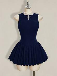 SHEIN ICON 女士休闲纯色无袖褶裥下摆迷你连衣裙，夏季 - 藏蓝色 - 查看 5