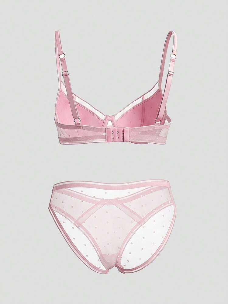 2pcs Polka Dot Lace Patchwork Adjustable Spaghetti Strap Lightly Padded Bra And Sheer Panty Set