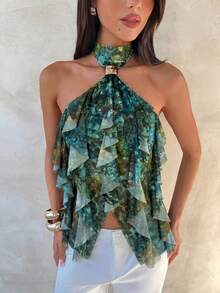 Aloruh Áo tank top ôm dáng cổ đứng nhiều lớp, viền bèo nhún, thanh lịch dành cho nữ - Màu xanh lá cây đậm - Xem 5