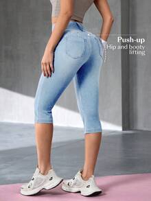 SHEIN Essnce 女士休闲水洗修身牛仔裤 - 淺色水洗藍 - 查看 2
