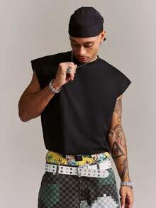 CRAVYNX Casual Street Wear Distressed & Frayed Yellow Slogan Print Oversized Cropped Muscle Sleeveless Top - Black - View 2