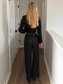 Sydney Algeri 女式休闲闪亮针织高腰阔腿裤 - 黑色 - 查看 2