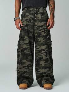 ÉpureWay Streetwear Camouflage Cargo Pants, Button Design Multi-Pocket Casual Loose Wide Leg Jeans 90s Style - Army Green - View 3