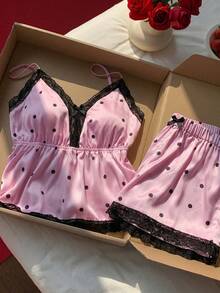 Conjunto de top de camisola de punto de verano con sujetador acolchado y shorts con ribete de encaje - Rosa 2 - Ver 7