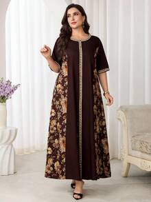Al Najma Damen Große Größen Kleid mit Blume Muster, Rundhalsausschnitt, Kurzarm, im arabischen Stil - Verschiedenfarbig - Übersicht 6