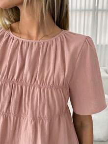 Easowa Women's Solid Color Round Neck Pleated Casual Versatile Daily Wear Short Sleeve Blouse - Dusty Pink - View 6