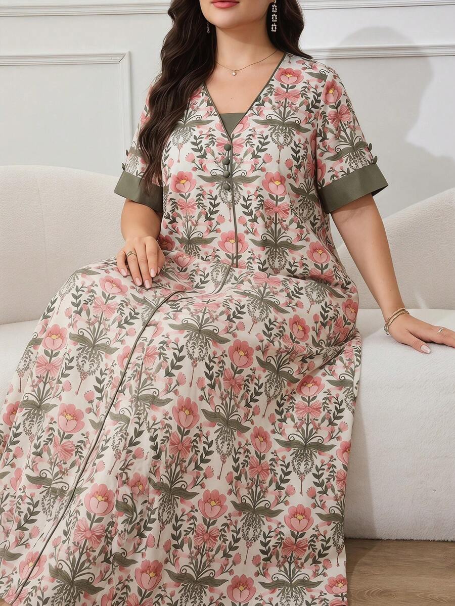 Al Najma 大码女式印花短袖宽松阿拉伯风格连衣裙 - 彩色 - 查看 1