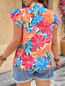 Breezaya Plus Size Women Floral Print V-Neck Ruffle Sleeve Blouse Beach Vacation White Summer Boho - Multicolor - View 2