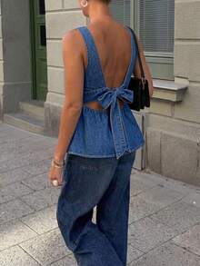Aloruh Áo thun denim cổ tròn đa năng dành cho nữ, thích hợp mặc hàng ngày. - Màu xanh lam - Xem 1