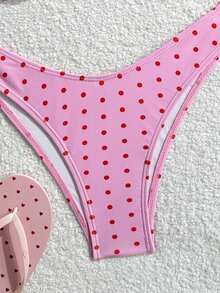 Swim Mod 女款夏季黑白波點印花緊身性感沙灘兩件式比基尼泳衣 - 粉色 - 查看 5